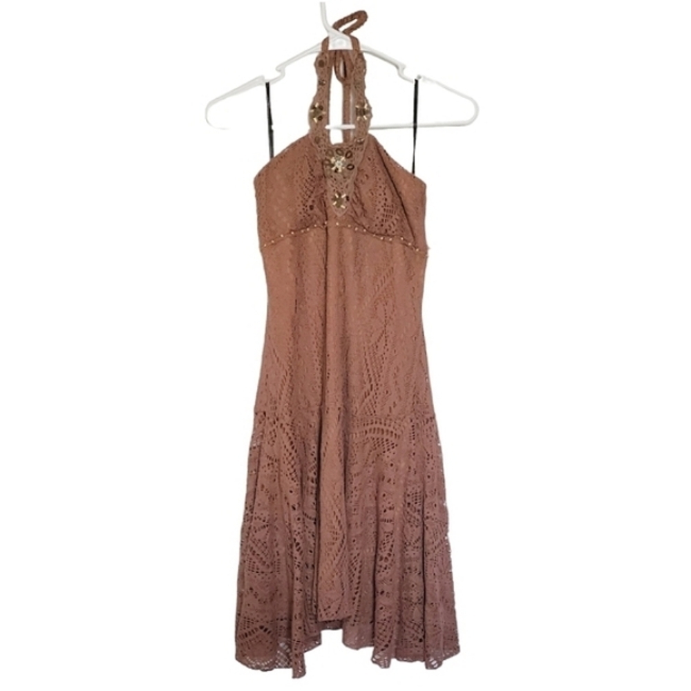 7216 * Taboo Vintage Beaded Halter Crochet Overlay Dress Brown Size L 80s 90s